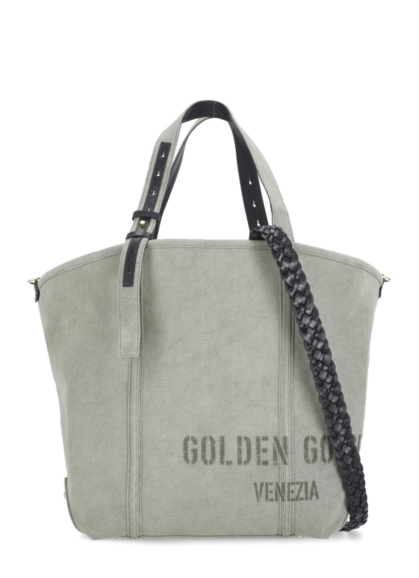 Golden Goose Green Canvas Hand Bag With Printed Logo In Grey