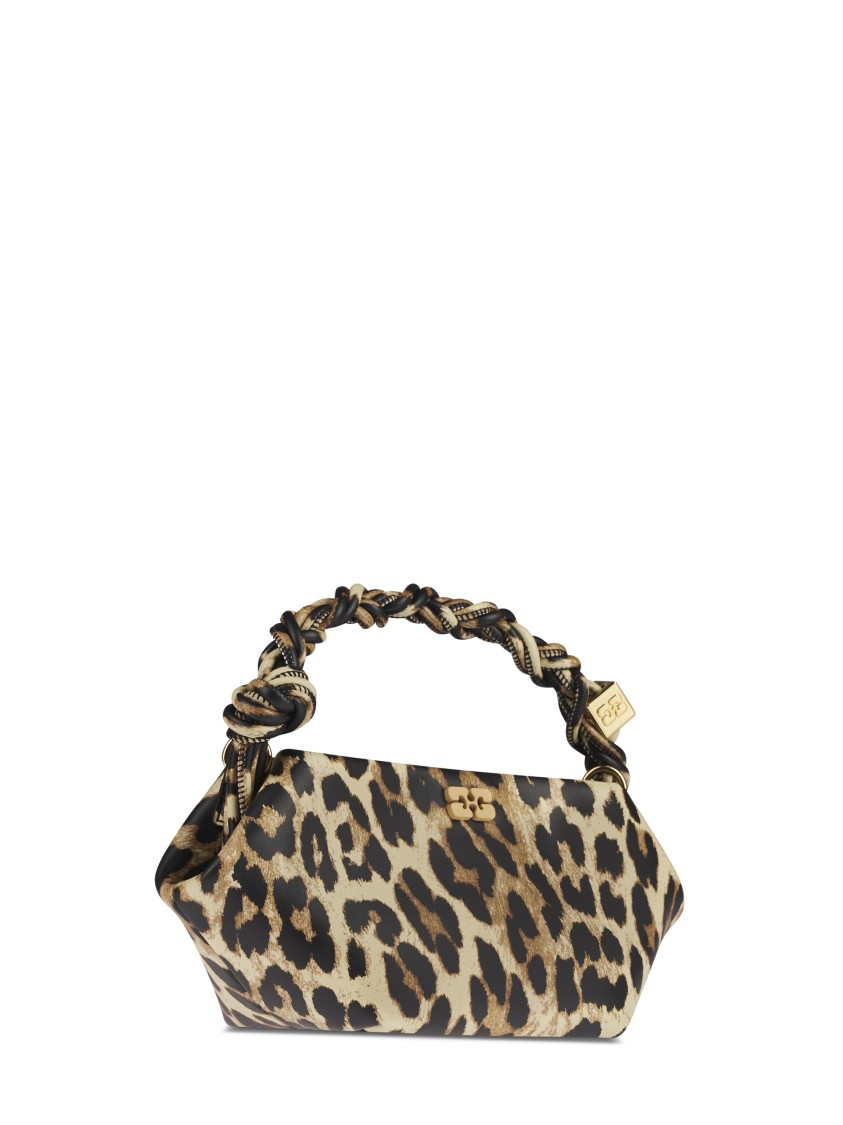 Ganni Structured Leopard Print Handbag With Twisted Handle In Brown