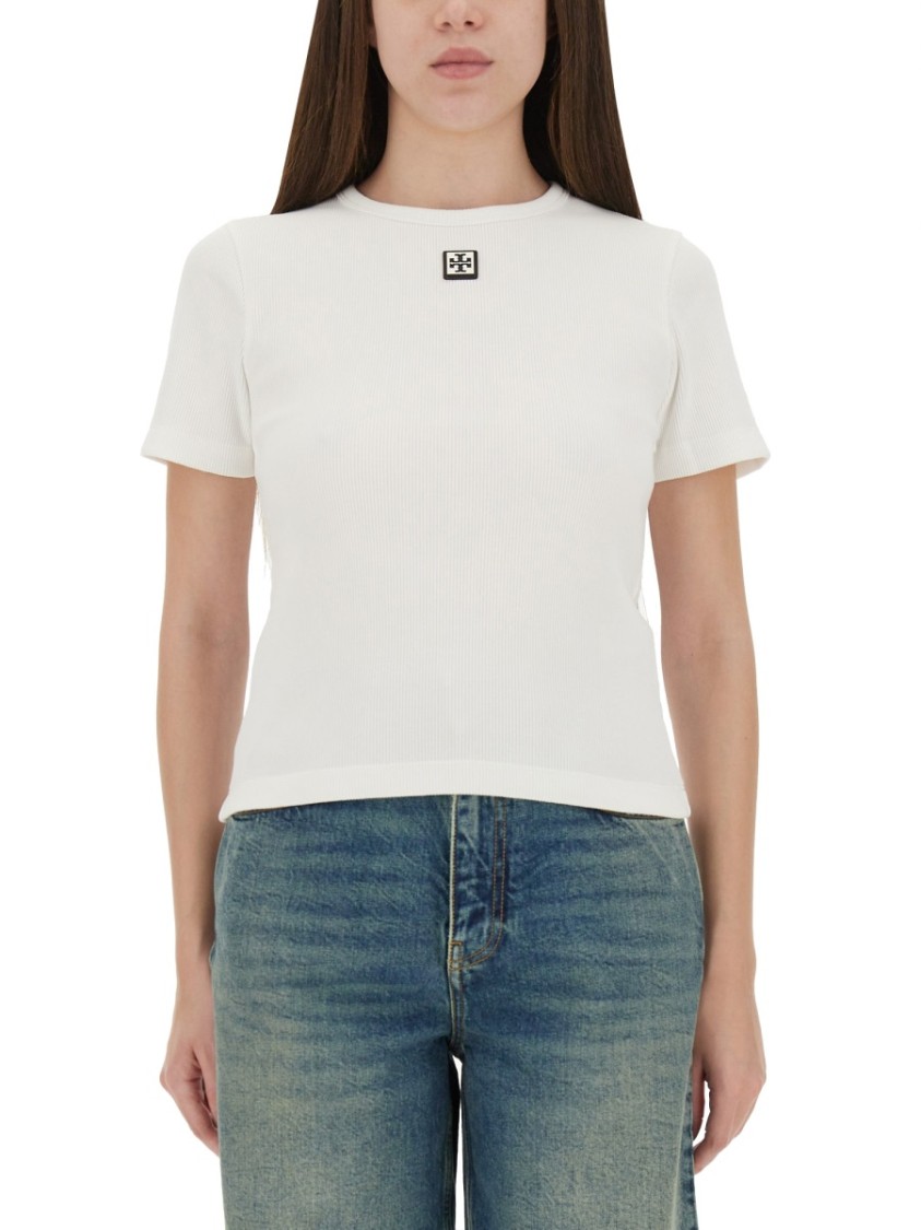 Tory Burch Ribbed Cotton T-shirt In White