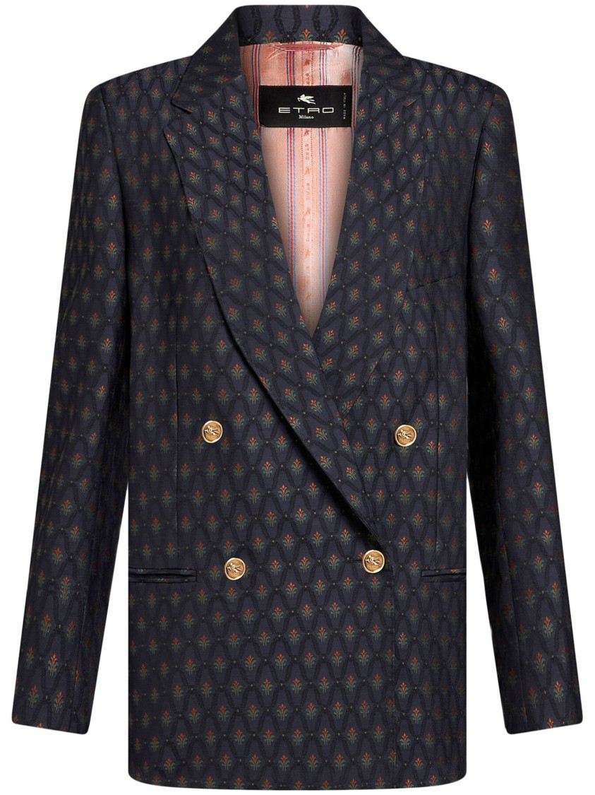 Etro , Double-breasted Wool Jacquard Jacket, Woman, Navy Blue, Size 48 In Black