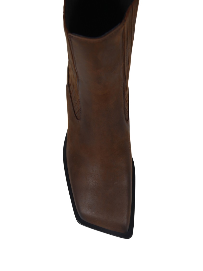 Amina Muaddi Chelsea Boot With Block Heel And Square Toe In Brown