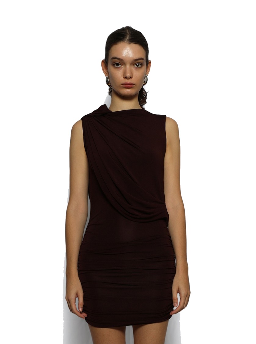 Magda Butrym Asymmetrical Draped Mini Dress Bordeaux In Brown