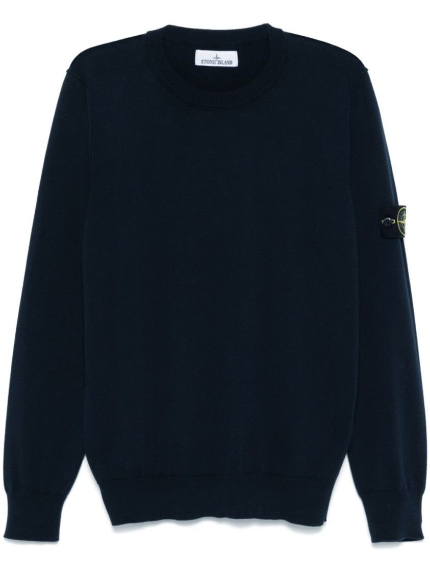 Stone Island Ribbed Detail Crew Neck Sweatshirt With Iconic Badge In Black