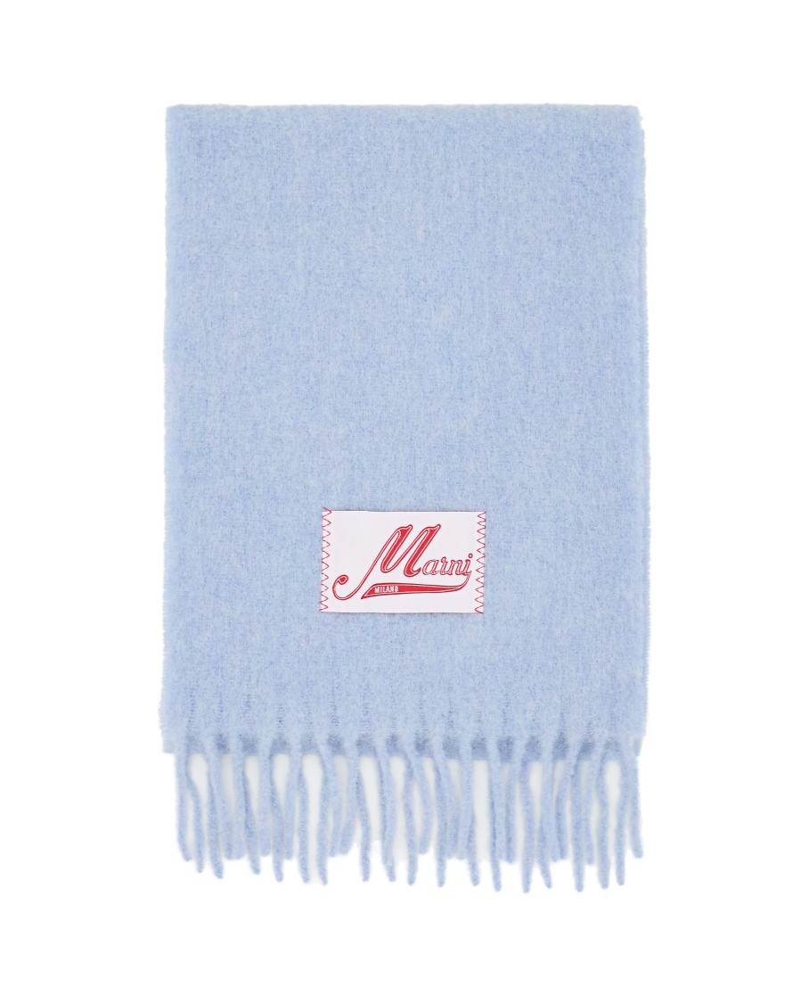 Marni Brushed Texture Light Blue Scarf With Fringed Edges In Blue
