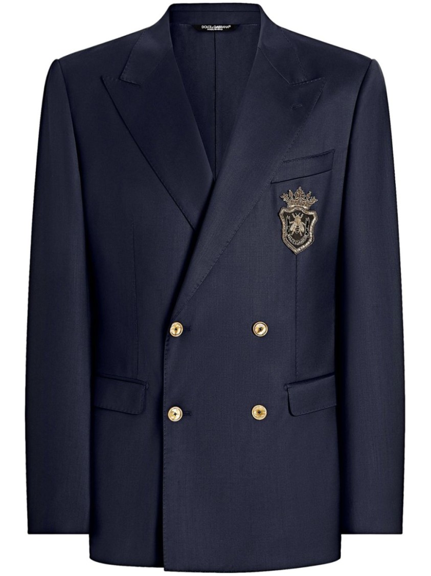 Dolce & Gabbana Men Double-breasted Wool Jacket With Patch In Blue