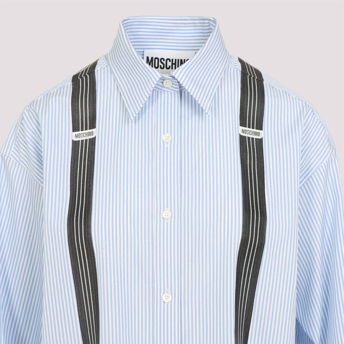 Moschino Couture Light Blue Cotton Striped Shirt With Decorative Straps In Blue