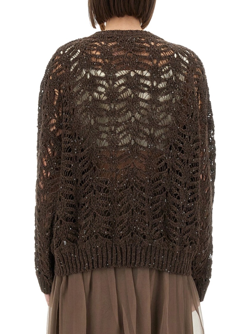 Brunello Cucinelli Foliage Lace Linen And Silk Diamond Knit In Black