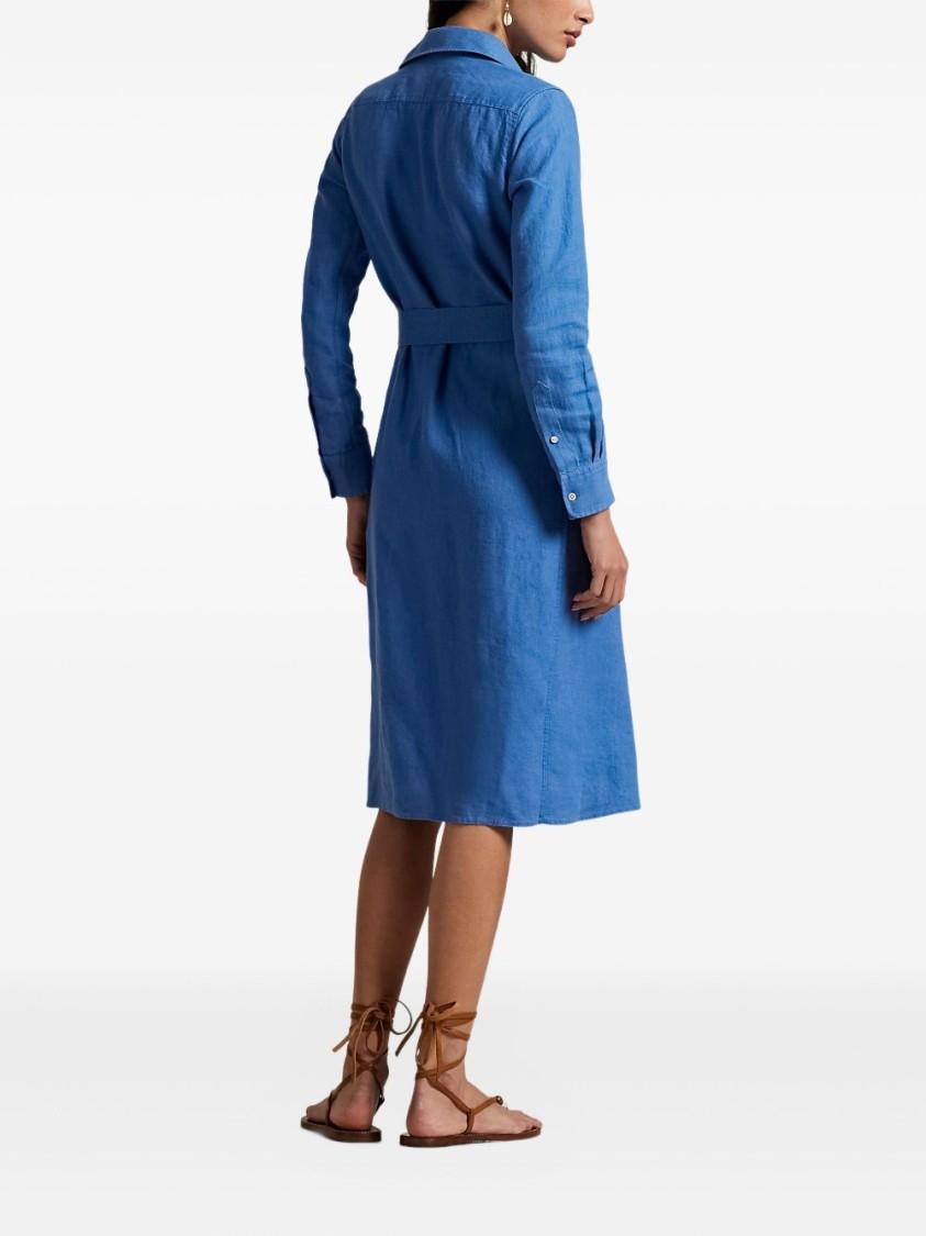 Polo Ralph Lauren Button-down Linen Dress With Self-tie Waist And Classic Collar In Blue