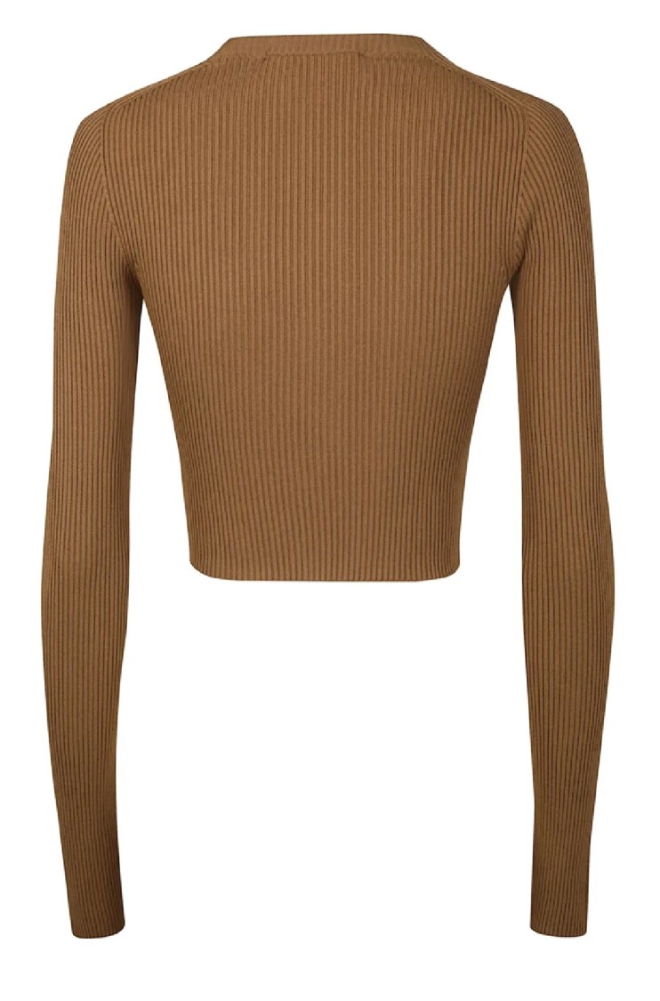 Max Mara Ribbed Cropped Top With Fitted Silhouette And Long Sleeves In Brown