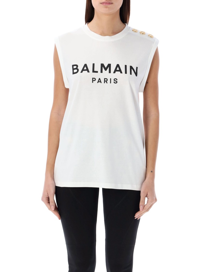 Balmain Logo Cotton Jersey Tank Top In White