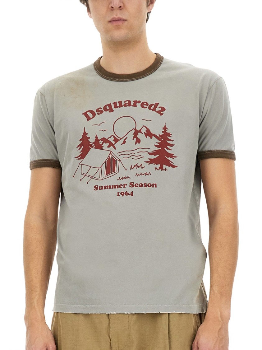 Dsquared2 Vintage Print Relaxed-fit T-shirt With Contrasting Trim In Grey