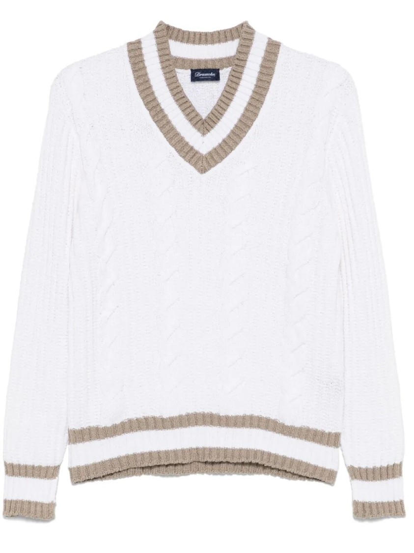 Drumohr Textured Cable Knit V-neck Sweater In White