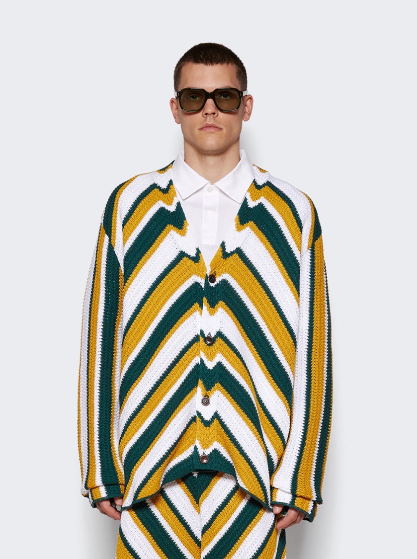 Marni Teal And Yellow Crochet Cardigan With Chevron Pattern