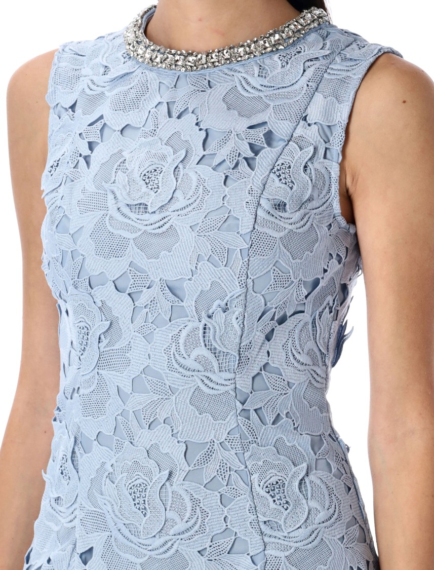 Self-portrait Bue Crewneck Mini Dress With Rhinestoned Collar And All-over Floral Lace Embroidery In Tech Fabric W In Blue