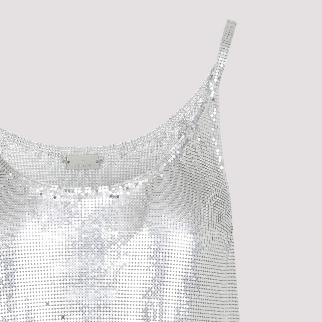 Rabanne Metallic Sleeveless Top With Spaghetti Straps And Chainmail In Tech Fabric Woman In Silver