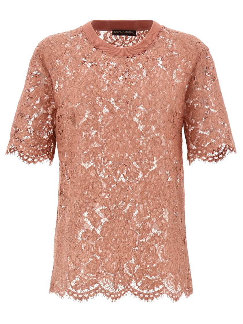 Dolce & Gabbana Intricate Floral Lace T-shirt With Scalloped Hem In Pink