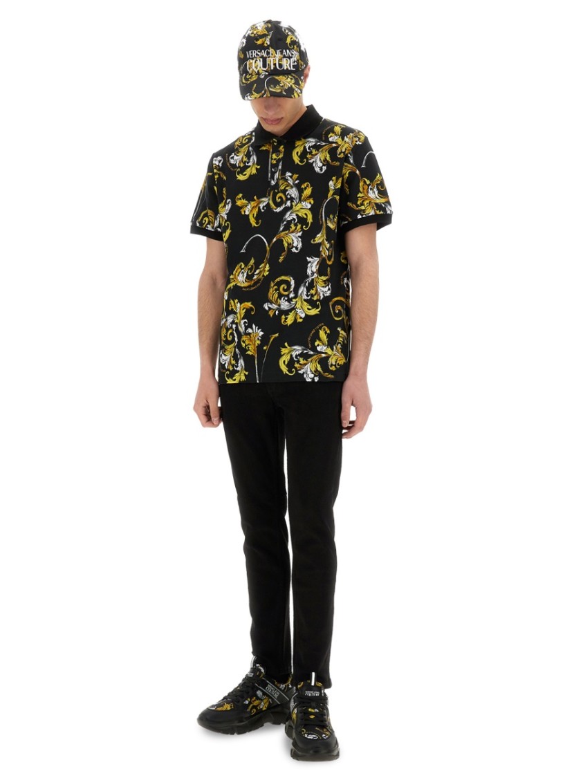 Shop Versace Jeans Couture Baroque Pattern Polo With Classic Collar In Black