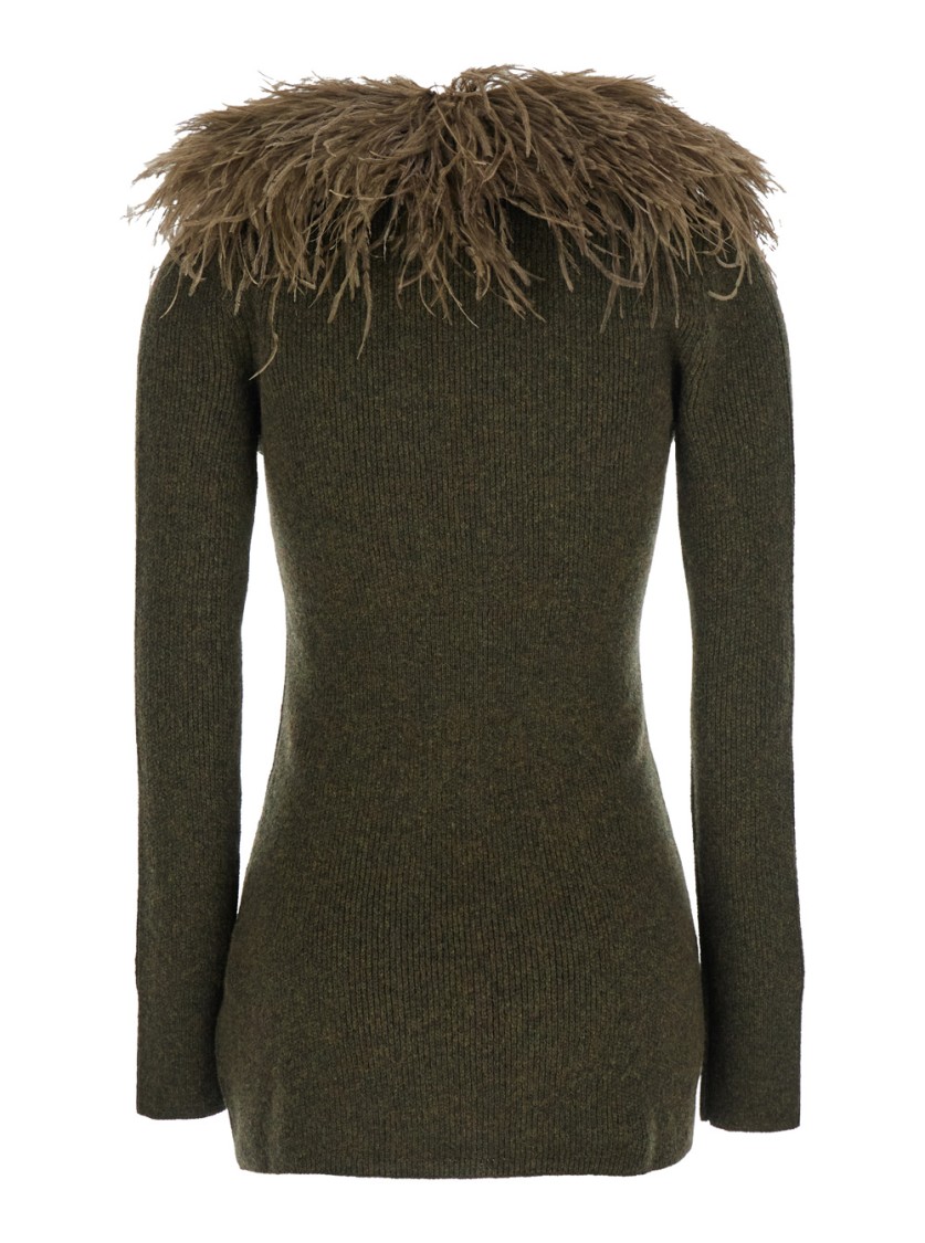 Blumarine Green Cardigan With Removable Feather Collar In Wool Woman In Green