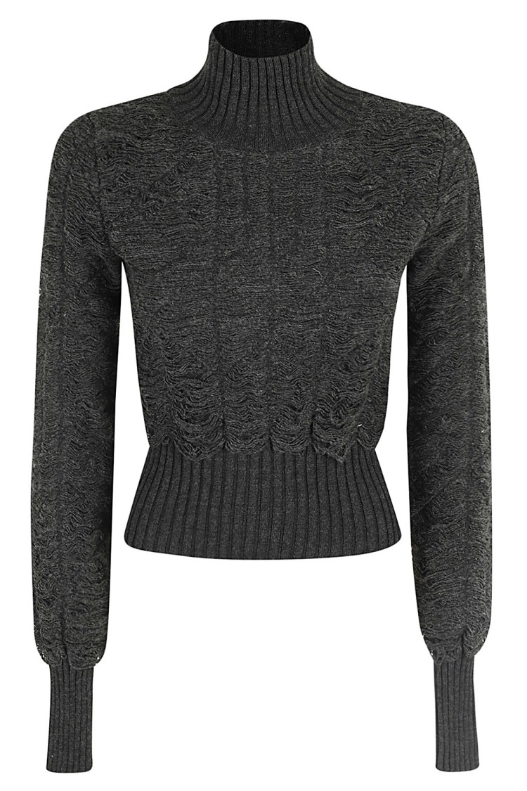 Shop Mm6 Maison Margiela Mm6 By Maison Margiela Frayed Effect Turtleneck Sweater With Ribbed Details In Grey