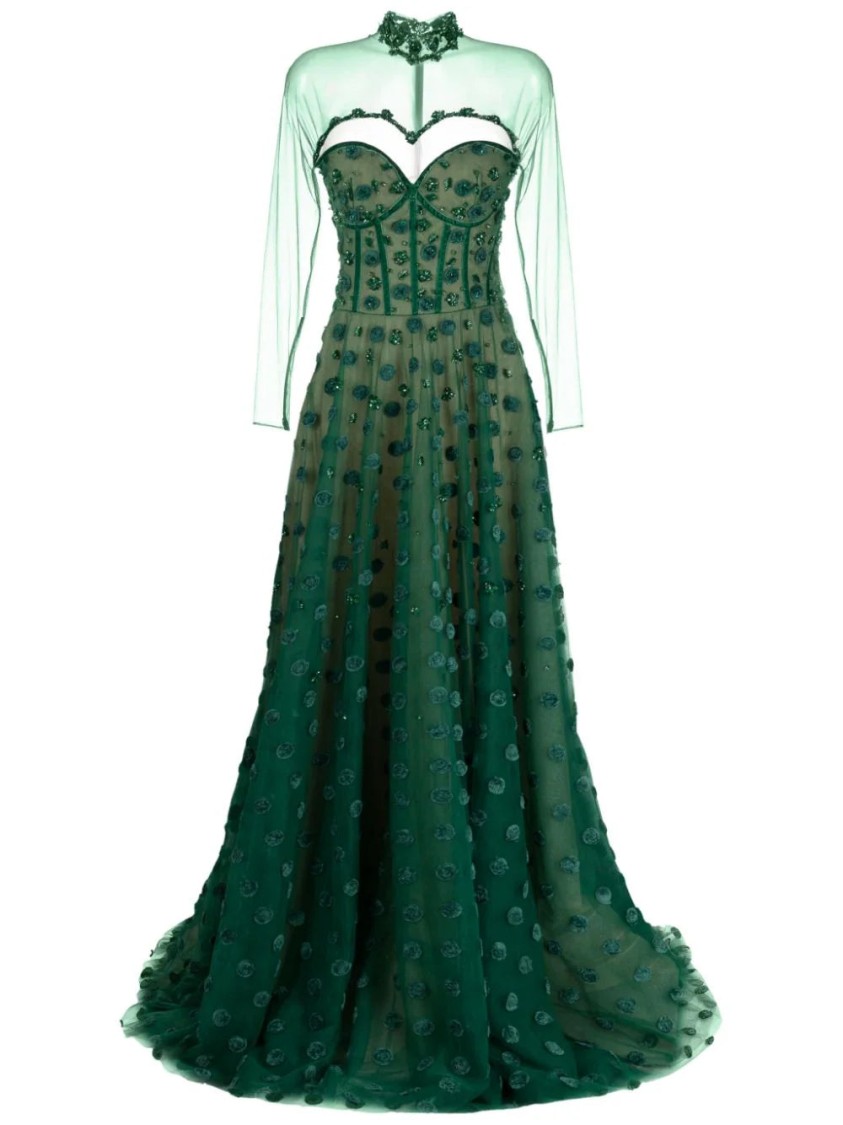 Saiid Kobeisy Beaded Tulle Dress With Polka Dots In Green