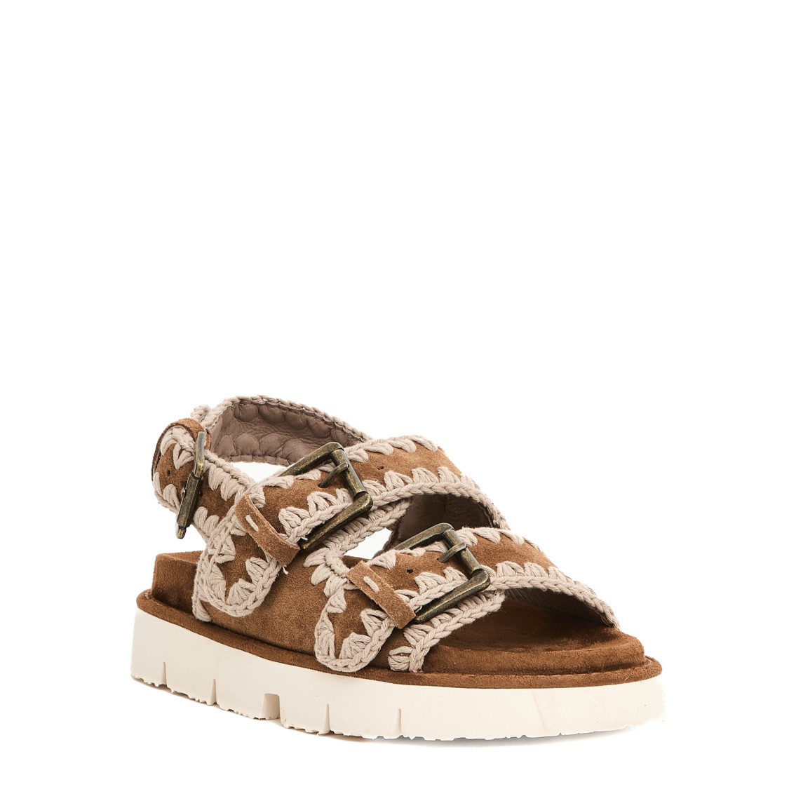 MOU MOU DOUBLE BUCKLE SUEDE SANDALS WITH CONTRASTING STITCHING