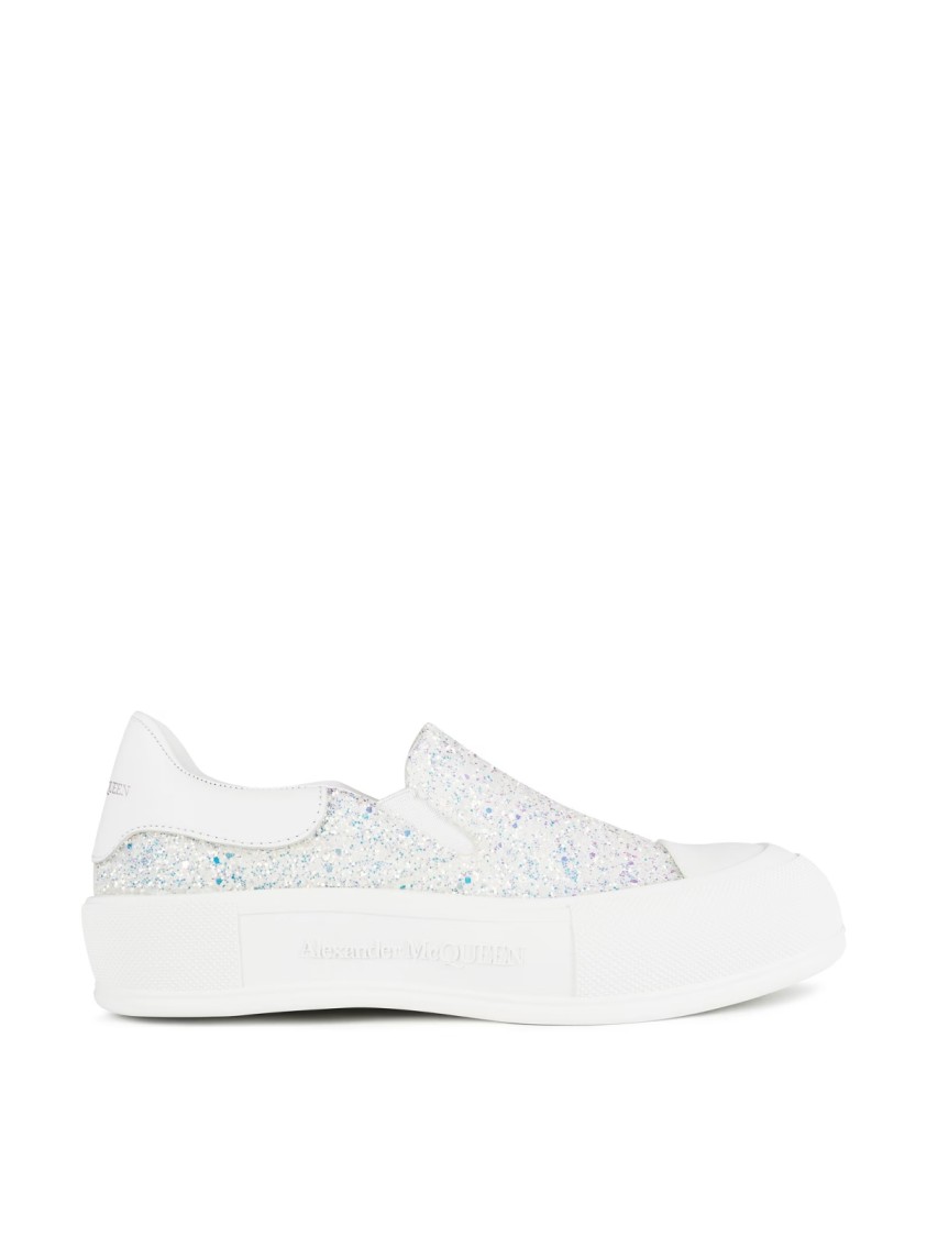 Alexander Mcqueen Deck Plimsoll Glitter Slip On Sneakers In White