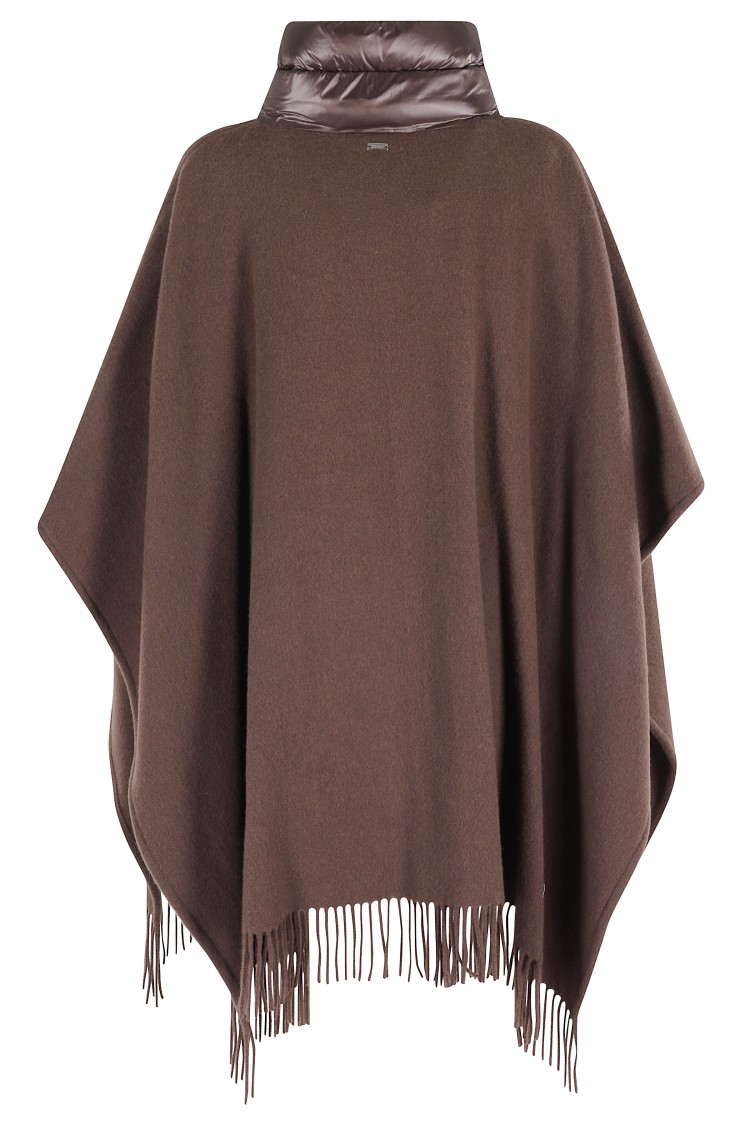 Herno Brown Cape With Drawstring Collar And Fringed Hem In Brown