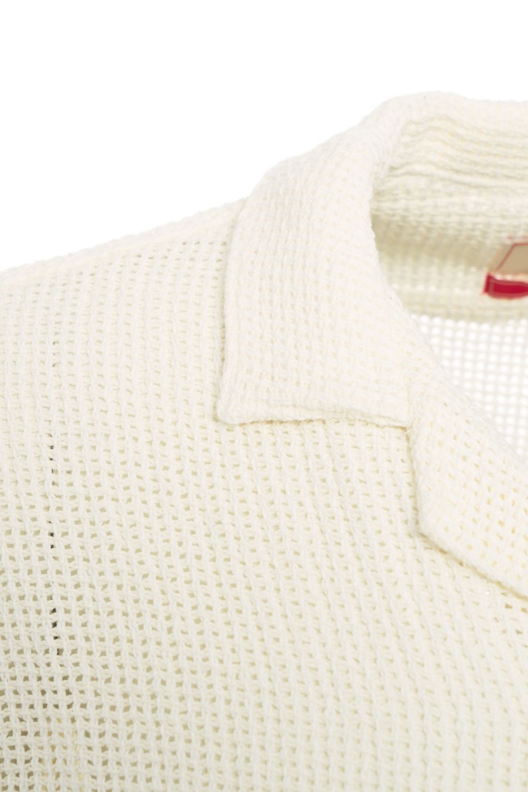 Shop Portuguese Short-sleeve Semi-transparent Crochet Shirt With Notched Lapels In Neutrals