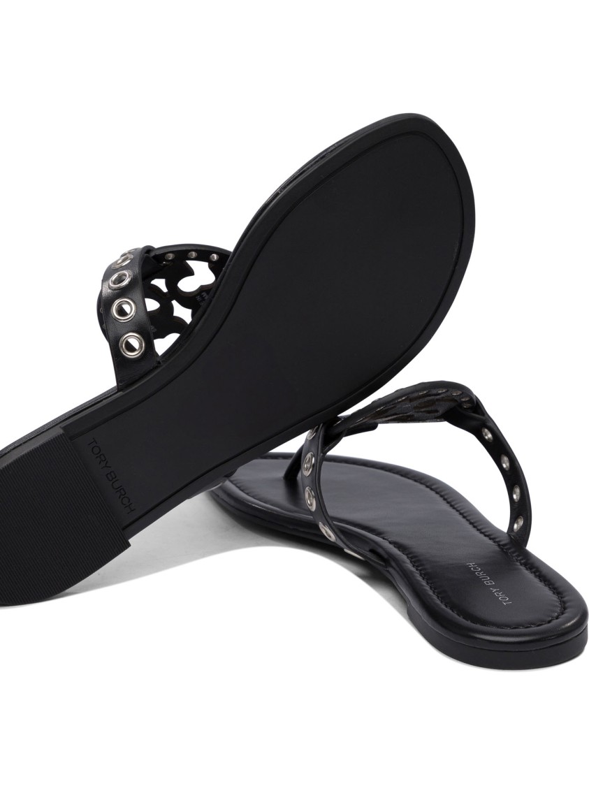Tory Burch Bovine Leather Sandals With Decorative Cutouts In Gray
