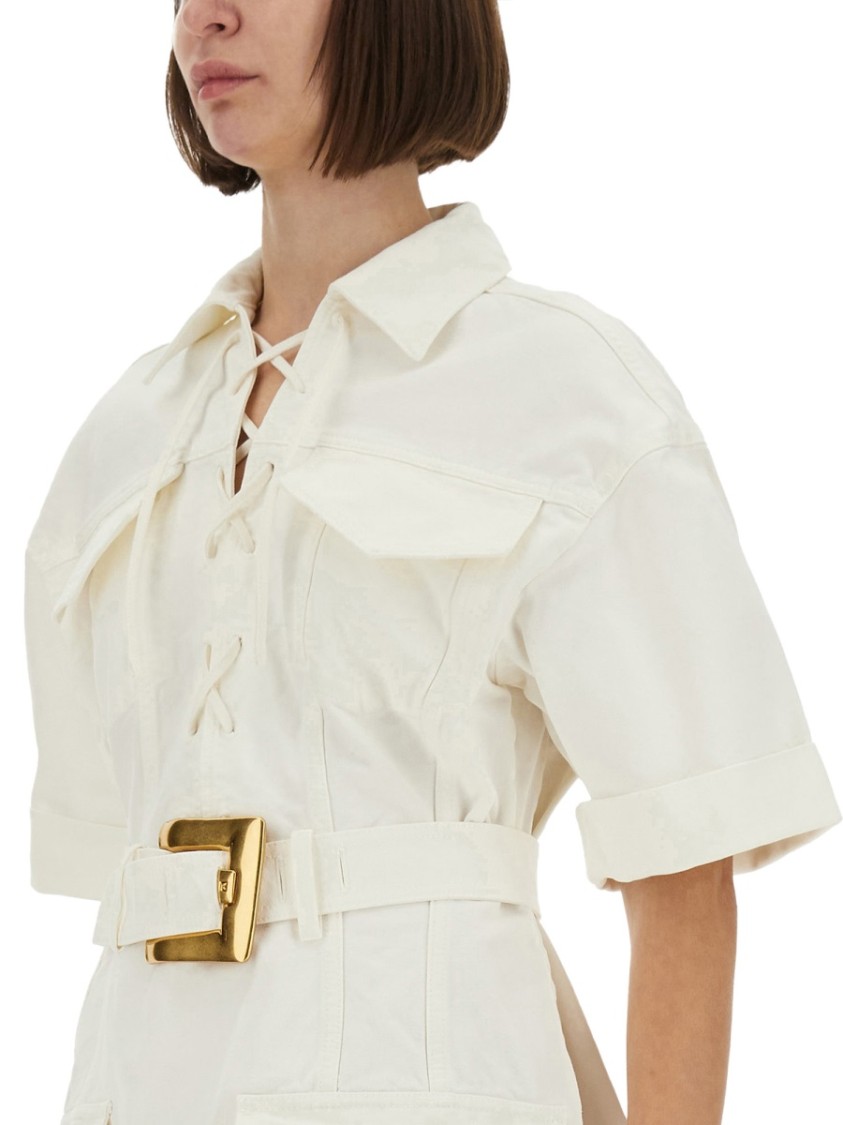 Balmain Short Dress With Belted Waist And Front Pockets In White