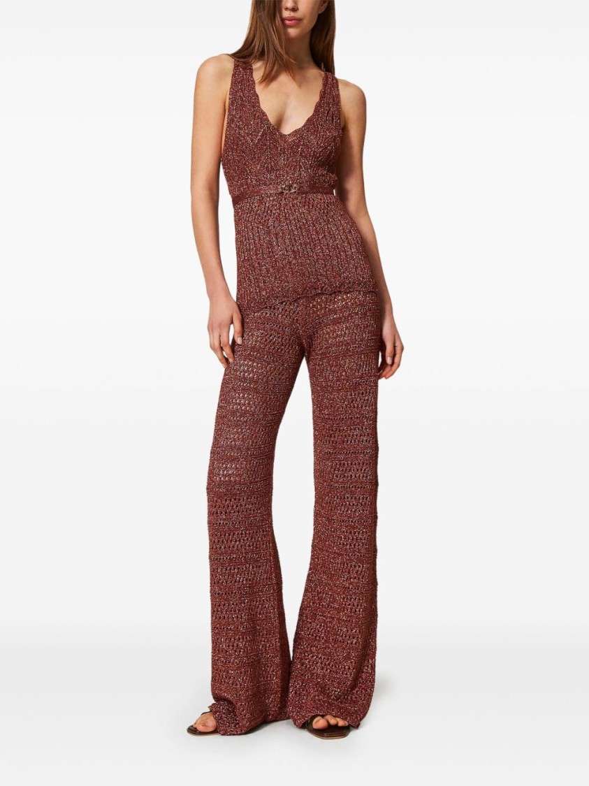 Shop Twinset Twin-set Wide-leg Trousers With Textured Open-knit Design