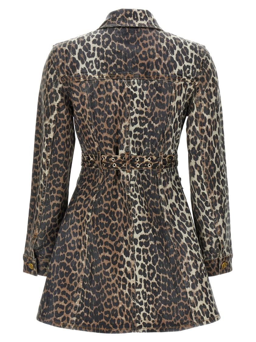 Ganni Leopard Print Cotton Denim Mini Dress In Brown