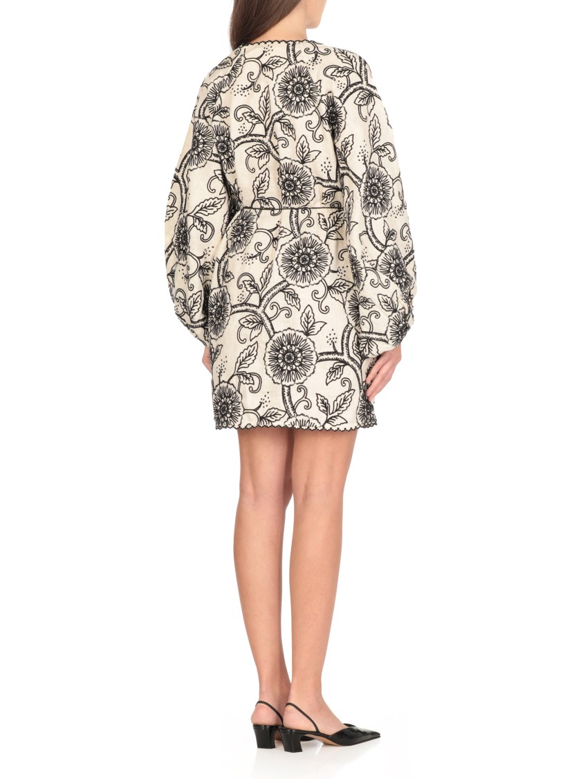 Zimmermann Tallow Belted Embroidered Linen Mini Dress In