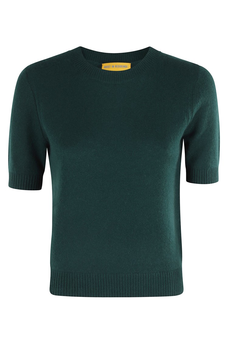 Guest In Residence Fitted Short-sleeved Cashmere Sweater Tee With Classic Crew Neck In Black