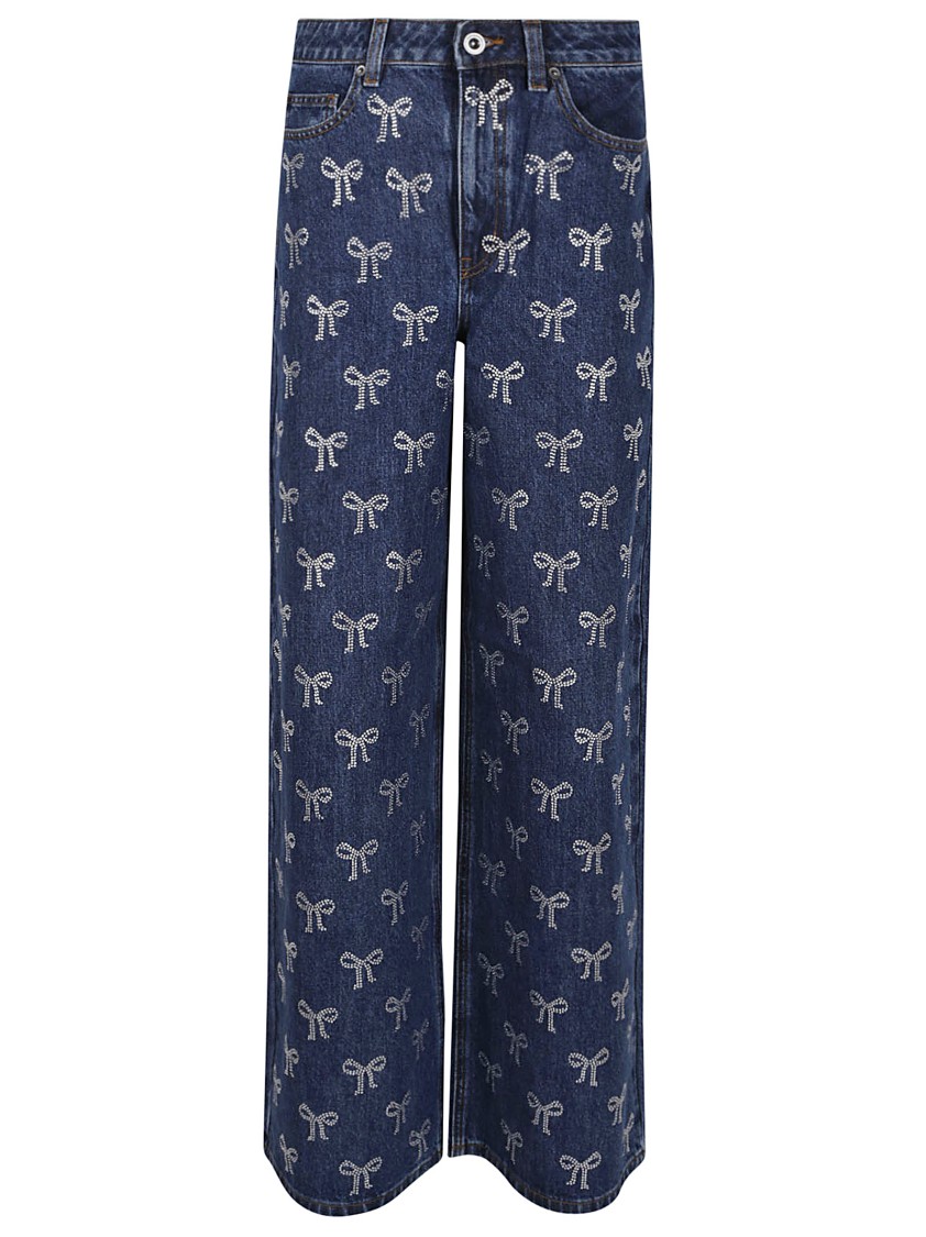 Shop Self-portrait Rhinestone Bow Denim Jeans In Blue