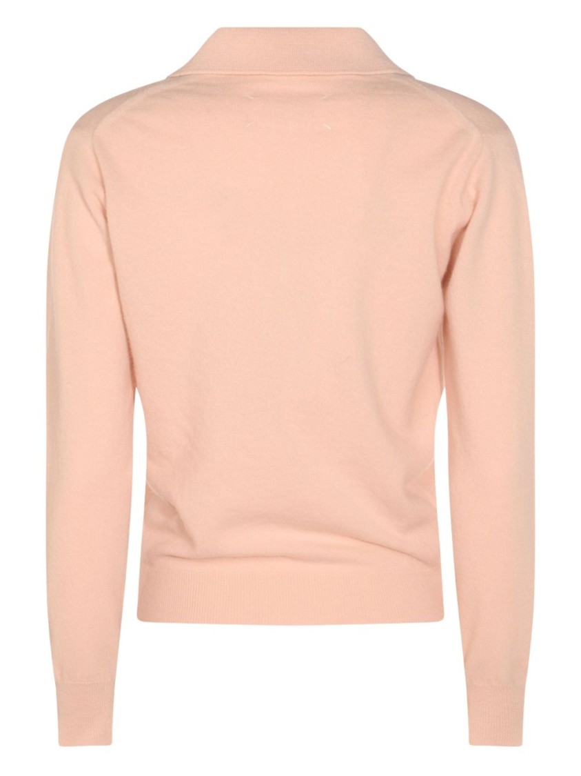 Maison Margiela Light Pink Wool Polo Shirt With Open Collar And Ribbed Edges In Pink