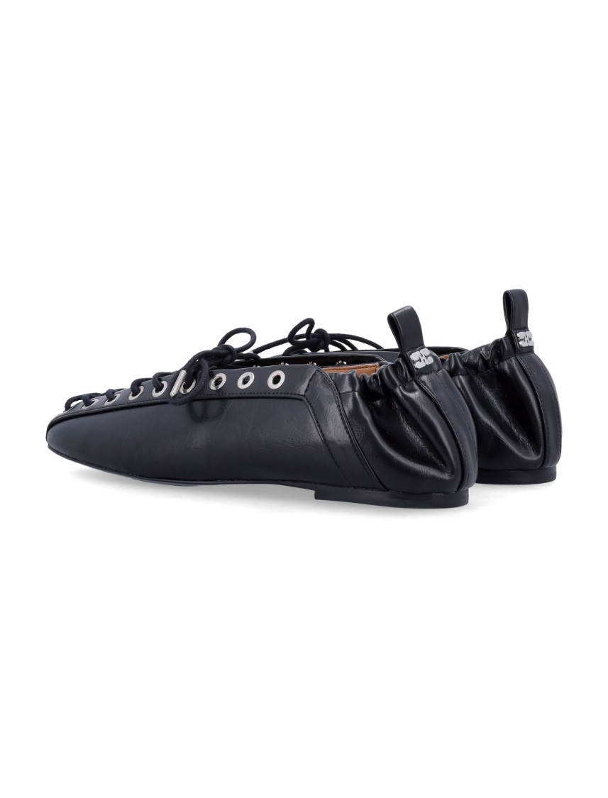 Ganni Black Lace-up Ballerinas With Metal Eyelets And Elasticized Ankle In Eco-leather Woman In Black