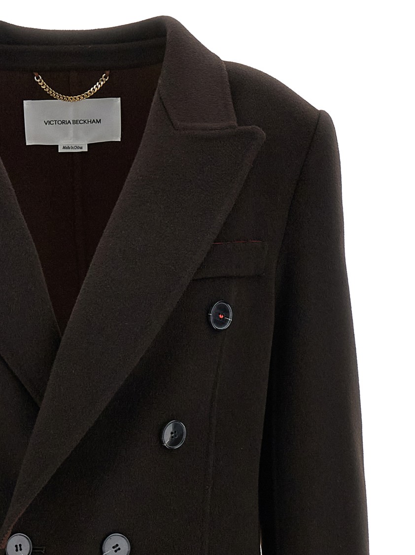 Victoria Beckham Brown Double-breasted Coat In Wool And Cashmere