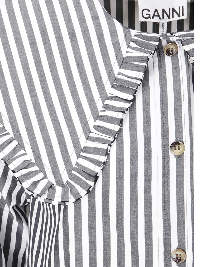 Ganni Striped Dress With Wide Collar And Ruffles In Grey