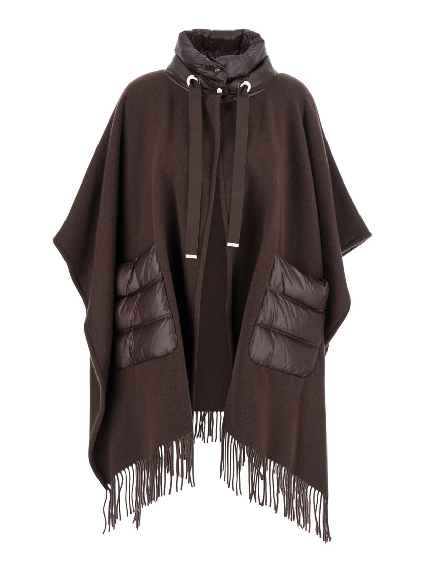Herno Brown Cape With Drawstring Collar And Fringed Hem In Brown