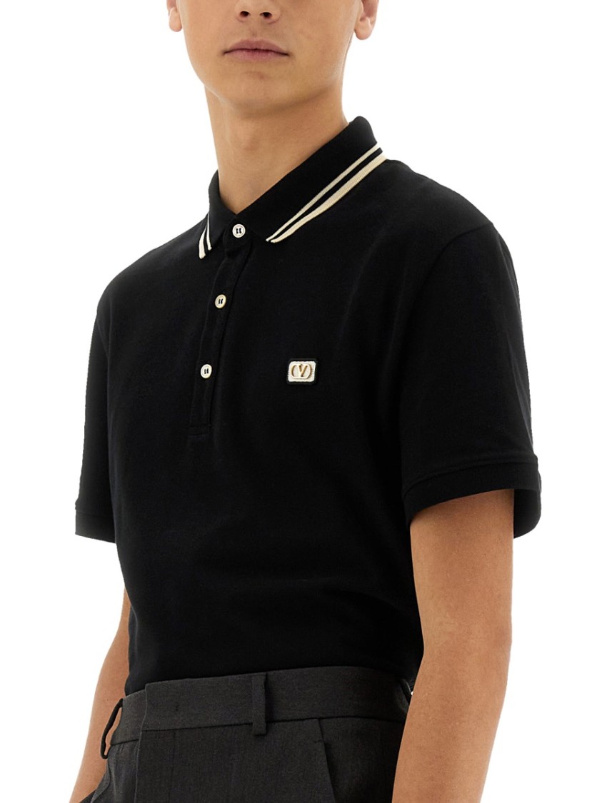 Valentino Garavani Black Polo Shirt With Classic Bicolor Collar And Logo Patch On The Front In Cotto