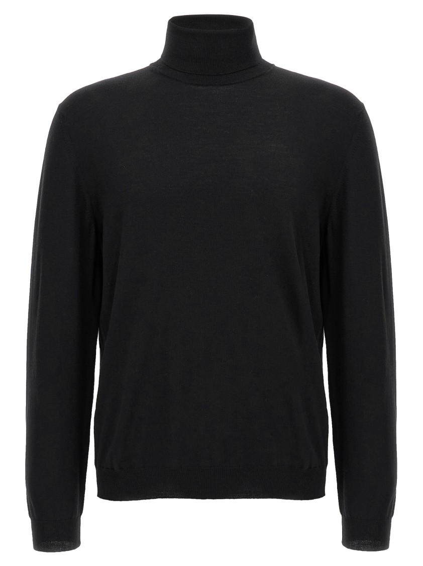 Zanone Fitted Black Wool Turtleneck Sweater With Long Cuffed Sleeves In Black