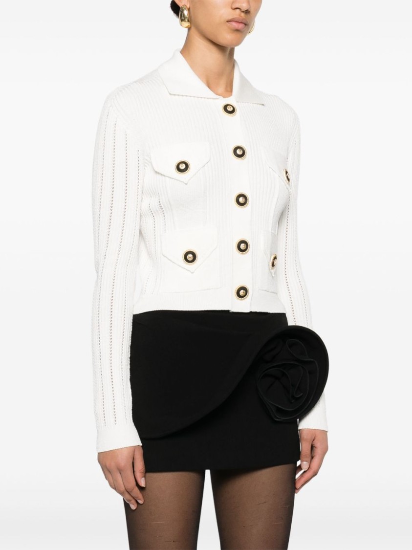 Balmain Perforated Knit Cardigan With Embossed Logo Buttons In Multi