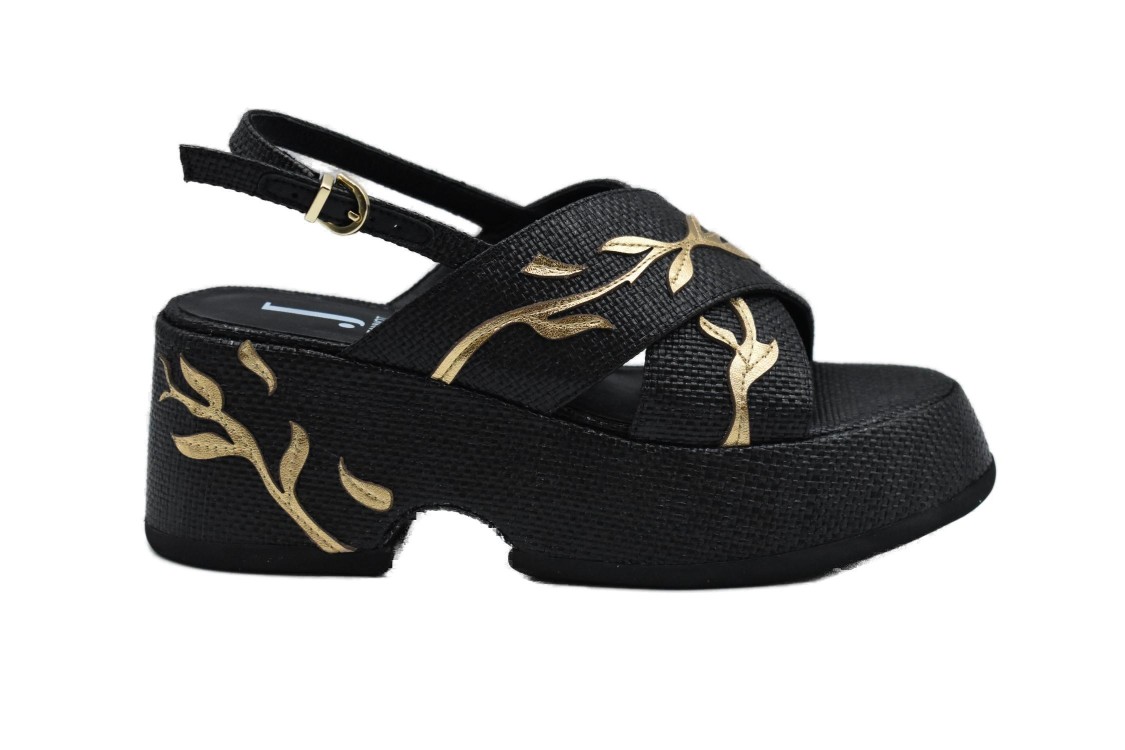 Jeannot Textured Black Wedge Sandals With Gold Leaf Detailing In Black