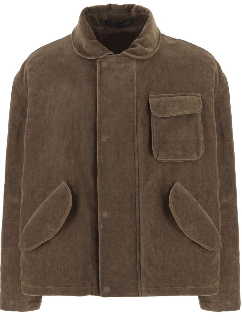 Giorgio Armani Cotton And Linen Jacket With Classic Shirt Collar And Hidden Button Closure In Brown
