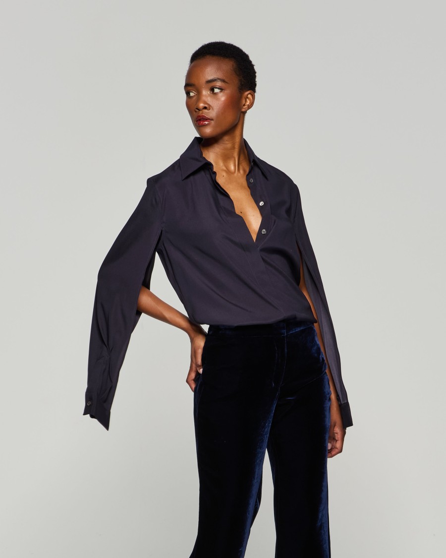 Serena Bute Silk Cape Sleeve Shirt - Midnight Navy In Black