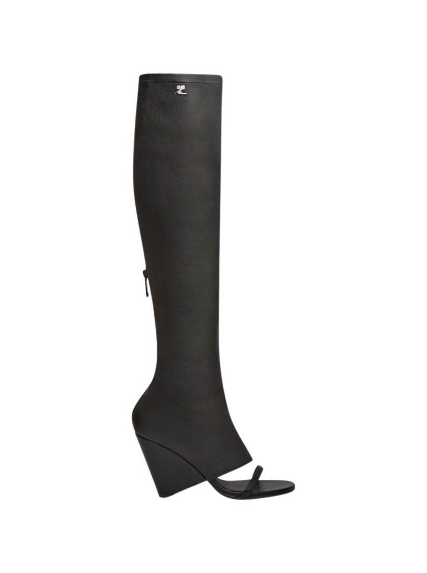 Courrèges Oblique Wedged Leather Open Toe Boots Black In Black
