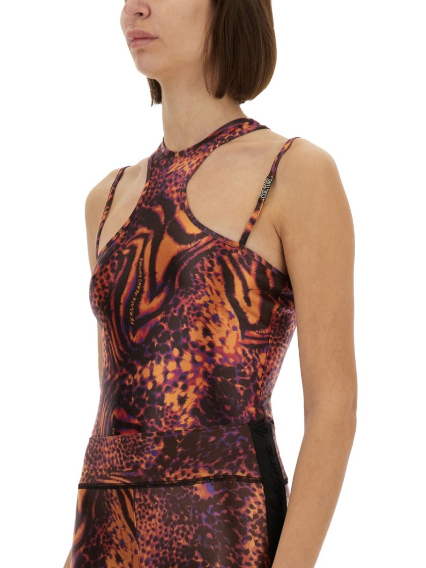 Shop Versace Jeans Couture Abstract Print Slim Fit Leotard With High Neckline In Brown