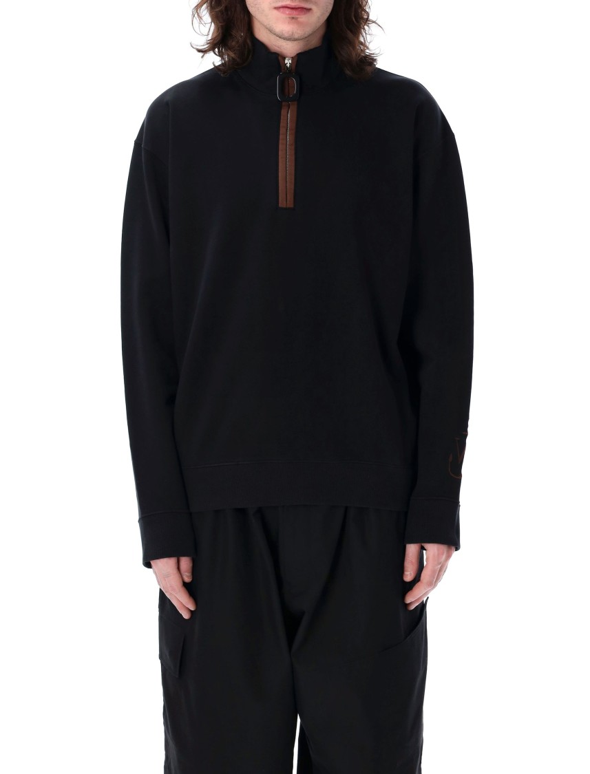 Jw Anderson Black Sweatshirt With Front Zip And Embroidered Logo On The Sleeve In Cotton Man In Black