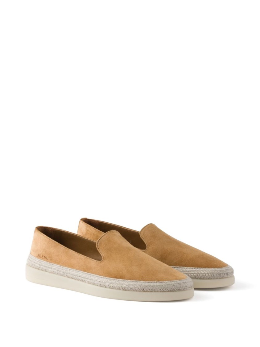 Prada Brown Suede Slip-on Flat Shoes With Textured Sole In Brown